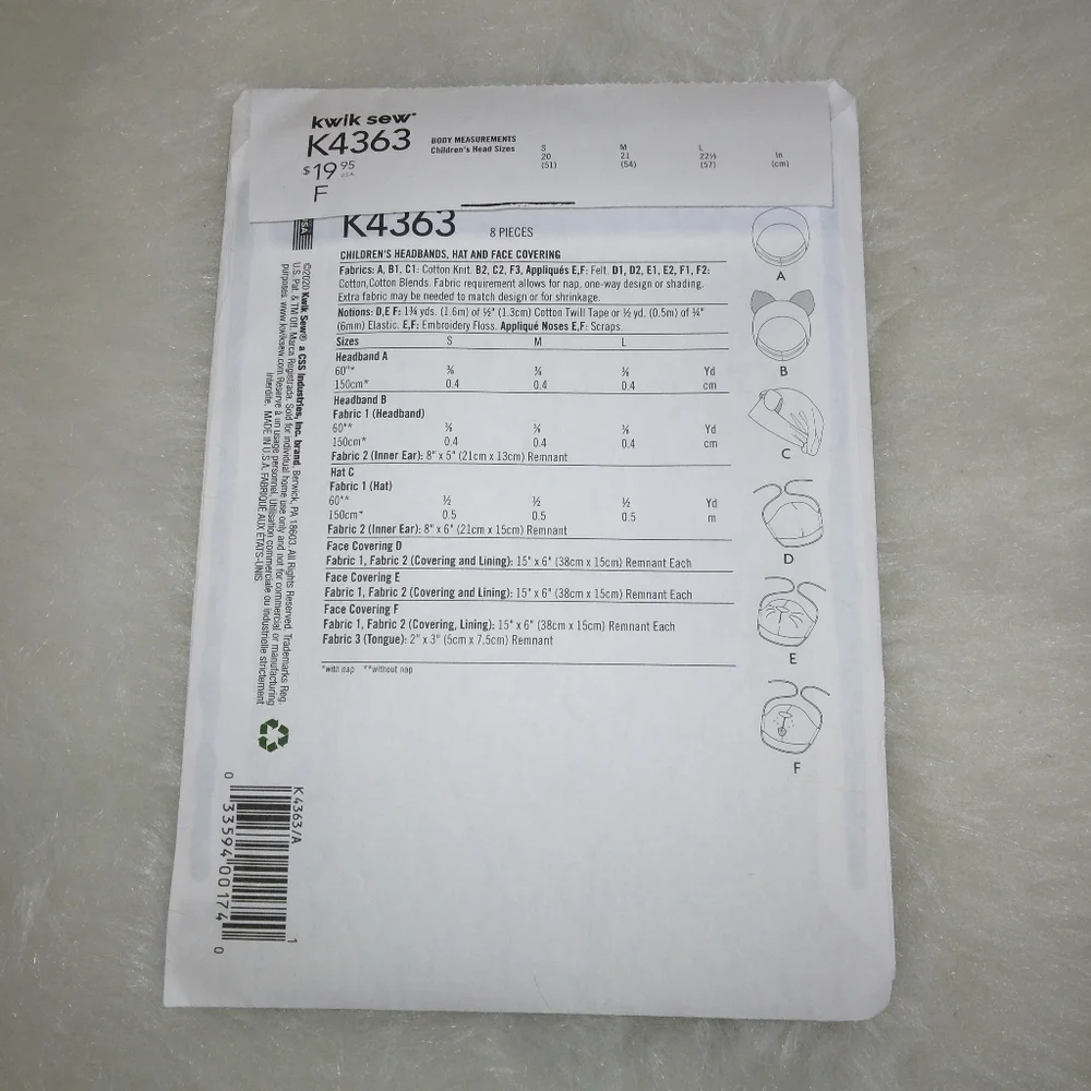 Kwik Sew K4363 Children's headbands, hats, and face covering, face mask NWT